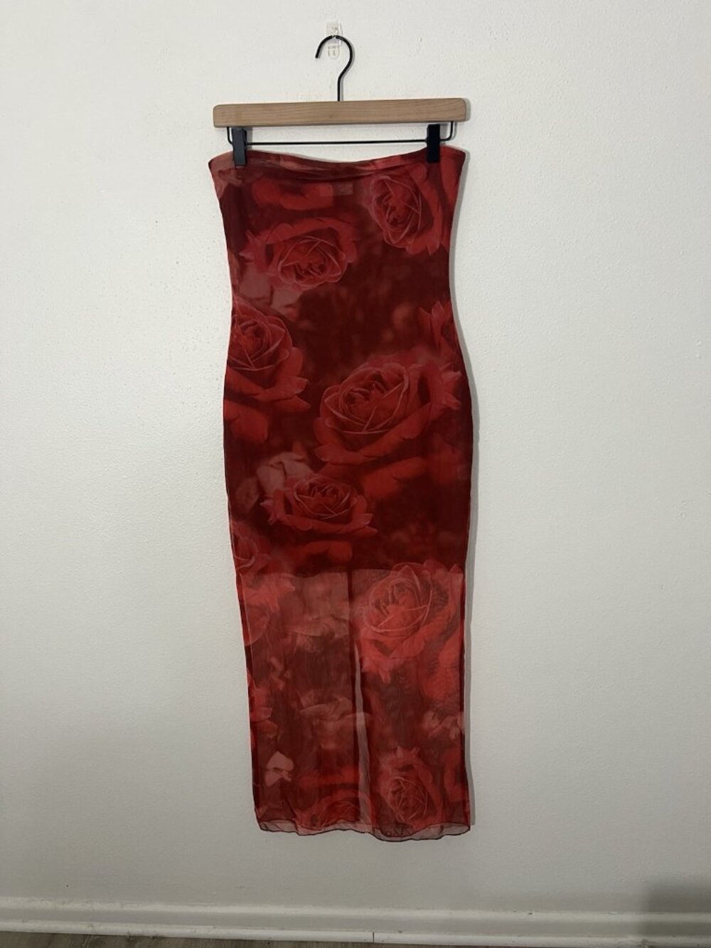 Meshki Aphrodite Strapless Mesh Dress Red Rose Floral Print Midi Bodycon Size M